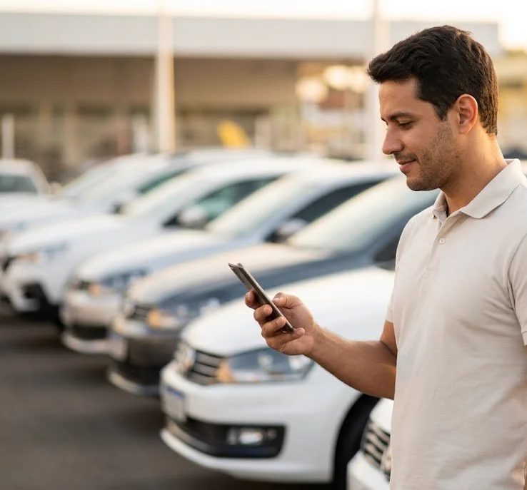 Vendedor de revenda consultando a Tabela FIPE pelo WhatsApp entre os carros do pátio